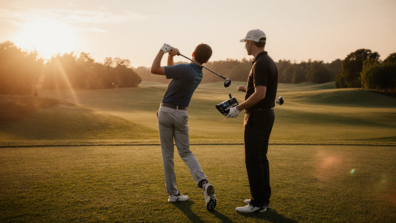 13‑year‑old golfer swinging a properly sized junior club during a fitting session at sunset.