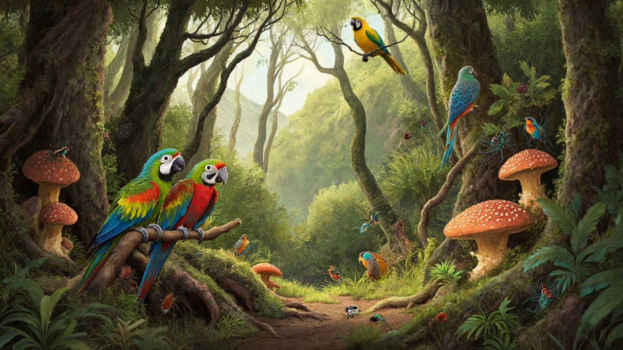 A diverse forest community with birds, trees, fungi, and insects interacting in natural harmony.