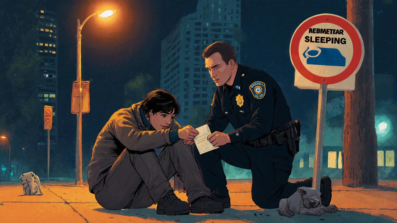 A police officer giving a citation to a homeless person sitting on a sidewalk with a no sleeping sign nearby.