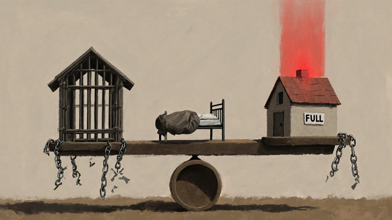 A symbolic scale balancing a jail cell against a small home, with shelter beds marked &#039;FULL&#039; and a sleeping bag in between.
