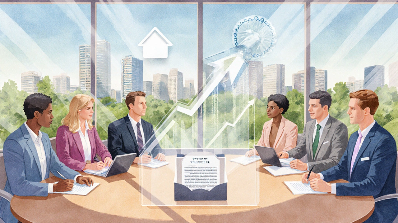 Board of trustees discussing trust documents with abstract investment icons in a sunny room.