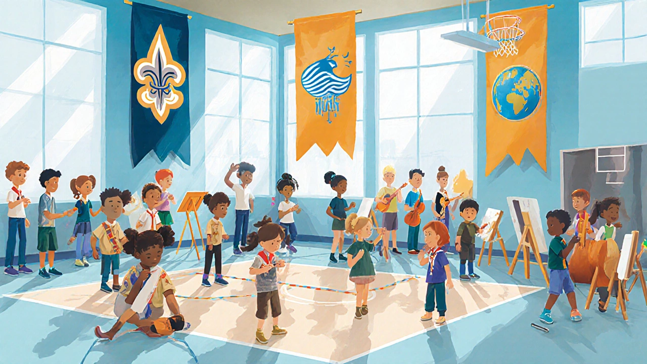 Busy youth center with kids doing scouting, sports, music, and art activities.
