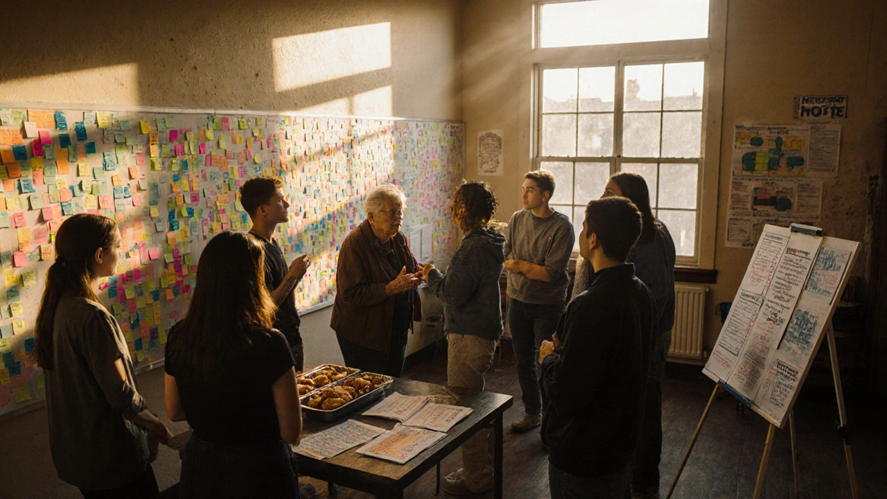 Candid photo of a community workshop with sticky notes, pastries, and partners collaborating in a sunny hall.