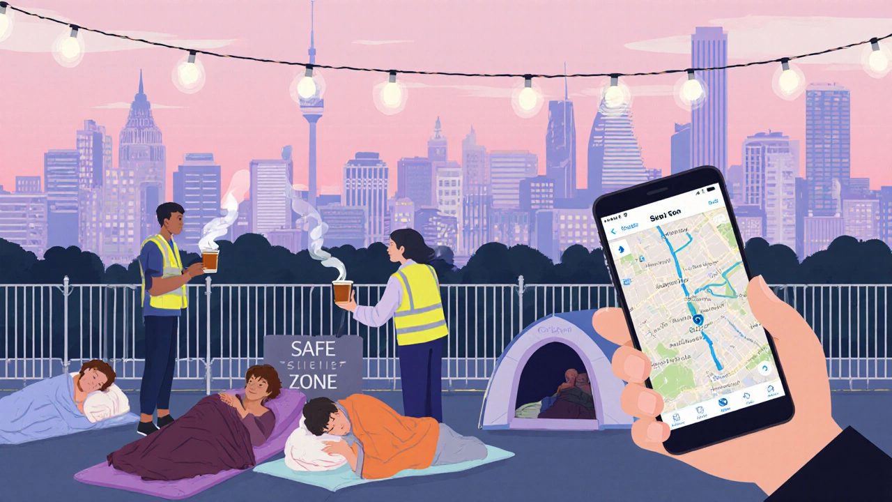 Designated safe‑sleep zone with sleeping pods and volunteers in Auckland.