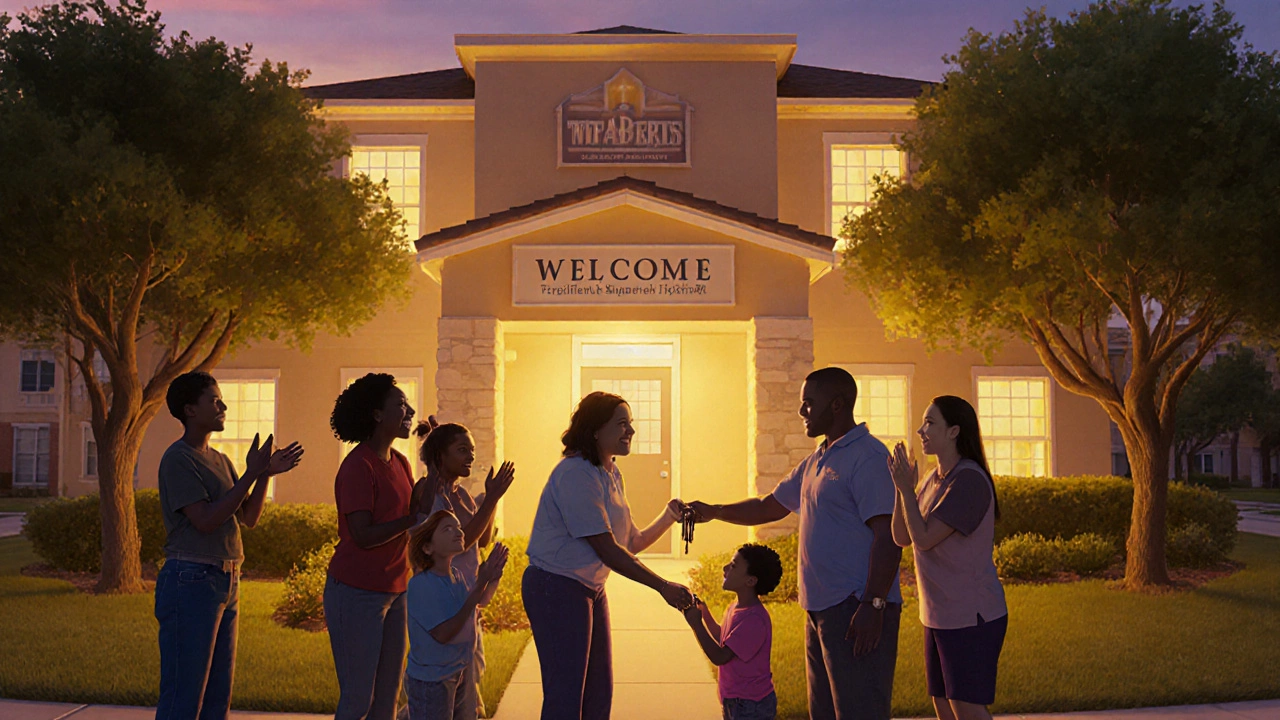 Family receiving keys to permanent supportive housing from volunteers.