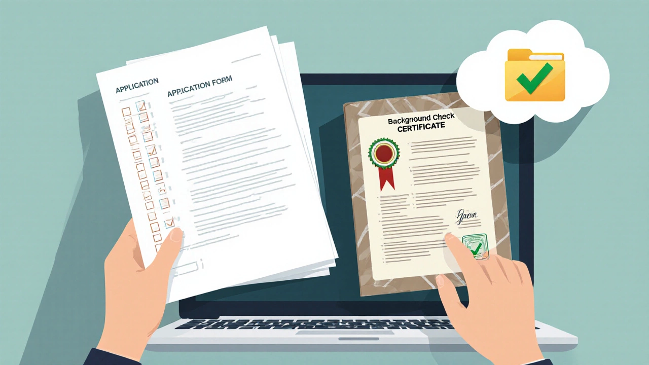 Hands arranging a volunteer application packet—form, reference letter, background check—on a clean desk.