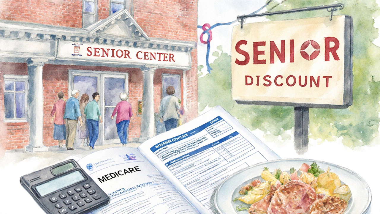 Illustrated collage of Medicare, senior center, tax relief, and discount symbols.