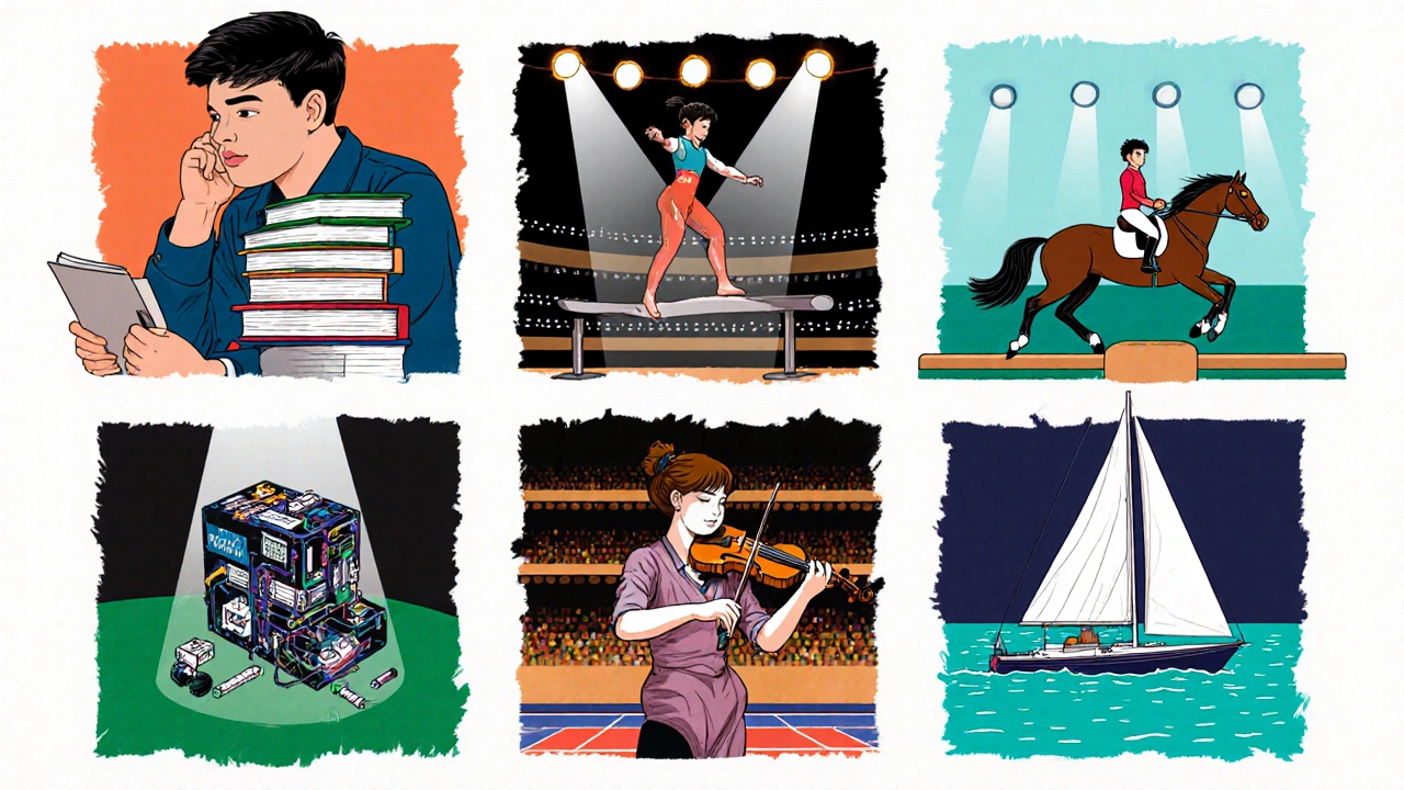 Illustrated collage of tutoring, gymnastics, robotics, violin, horse riding, and sailing activities.