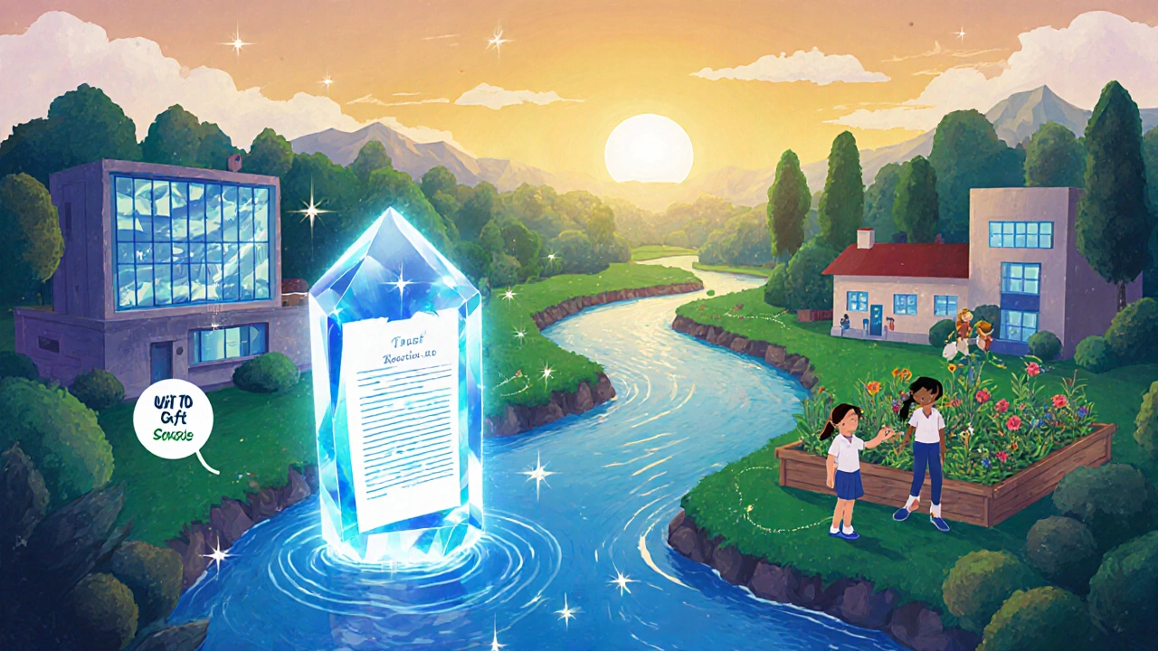 Illustration of a glowing river of funds flowing from a trust crystal to schools, clinic, and lab.