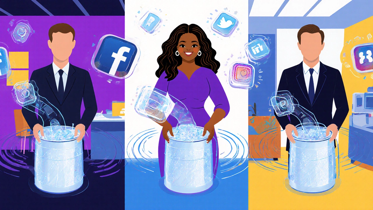 Illustration of three celebrities holding ice buckets with social media icons swirling around them.