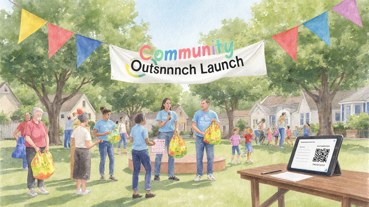 Launch day park event with volunteers handing out recycling bags and a sign‑in table.