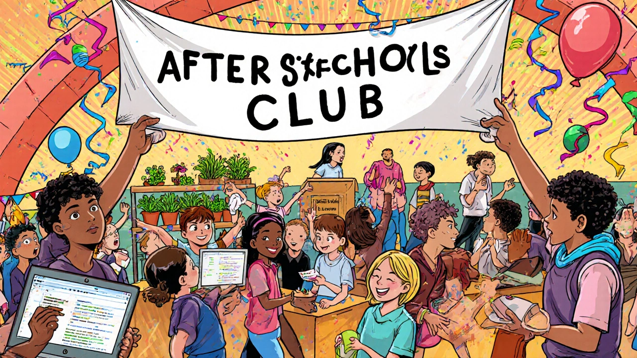 Open‑house club event with students trying activities and a festive banner.