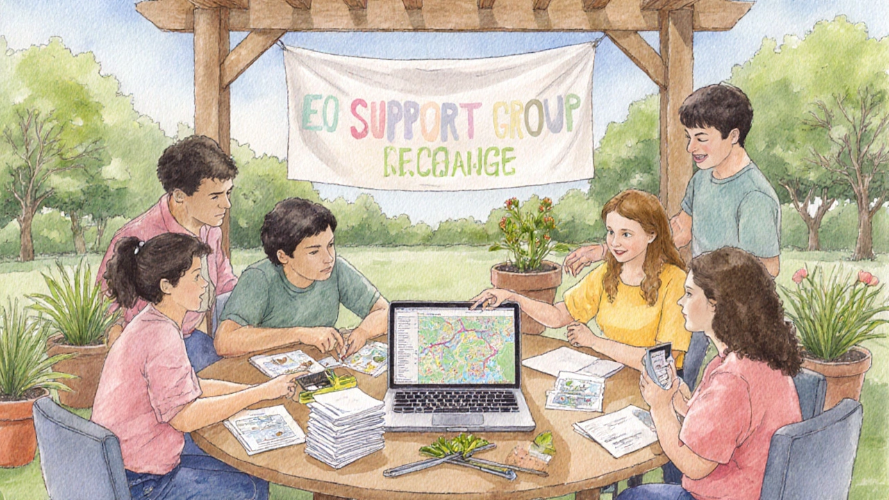 Outdoor meeting with seed packets, tools, and map planning resource exchange.