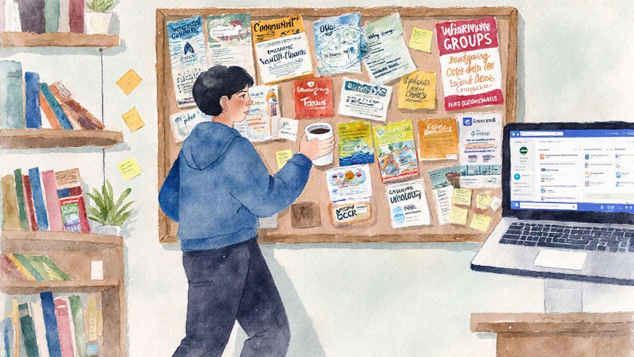 Person scanning community flyers in a café while a laptop shows online support forums.