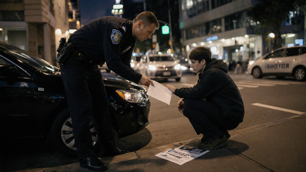Police officer handing a removal notice to a person on a city footpath.