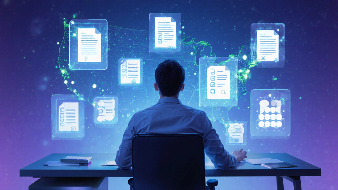 Researcher at a desk viewing floating data graphics of youth organization counts.