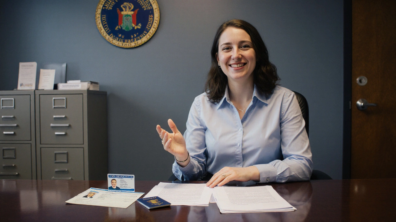 Staff member assisting a senior with documents at a state agency office.