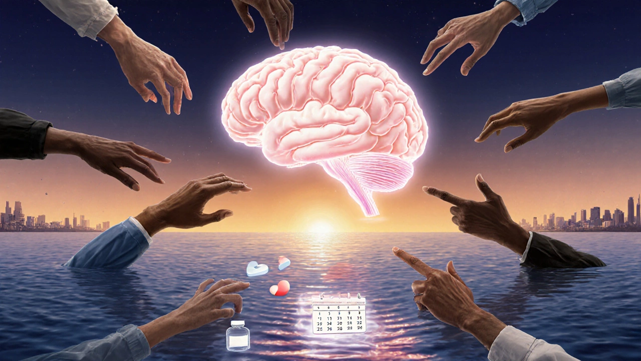 Surreal painting of a glowing brain surrounded by supportive hands at sunrise.