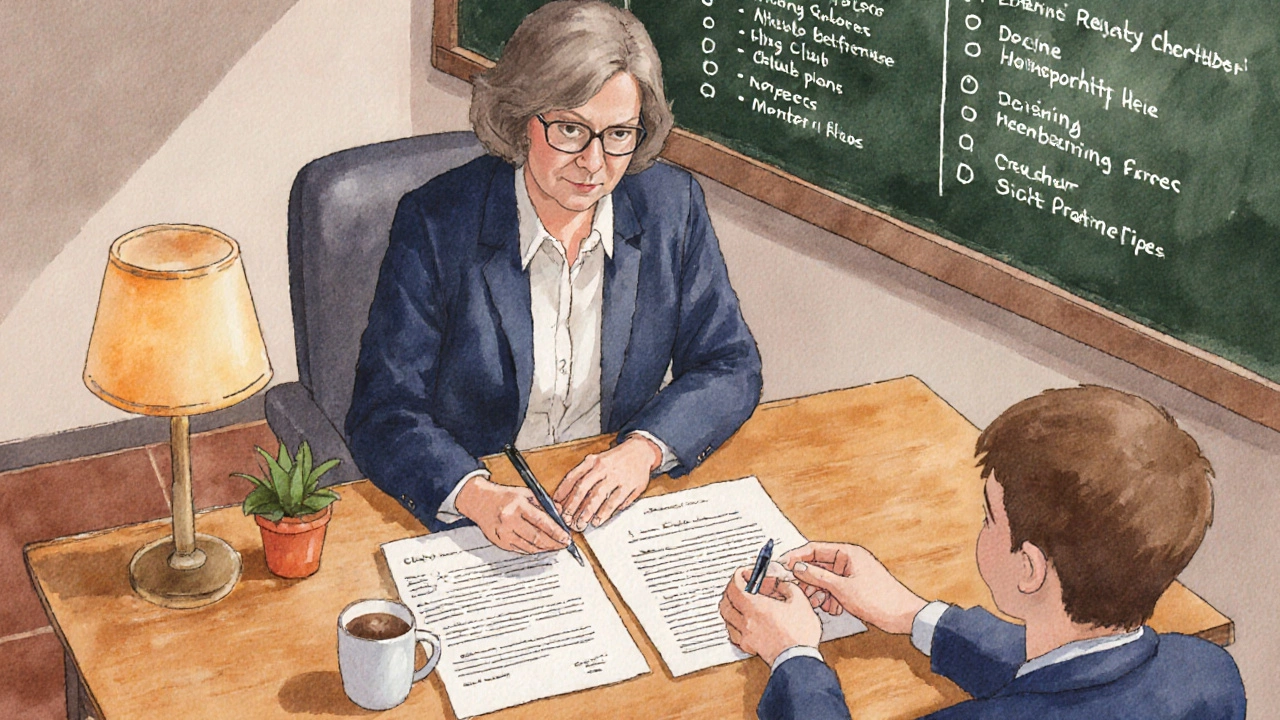 Teacher reviewing a club charter with a student officer at a desk, warm lighting.