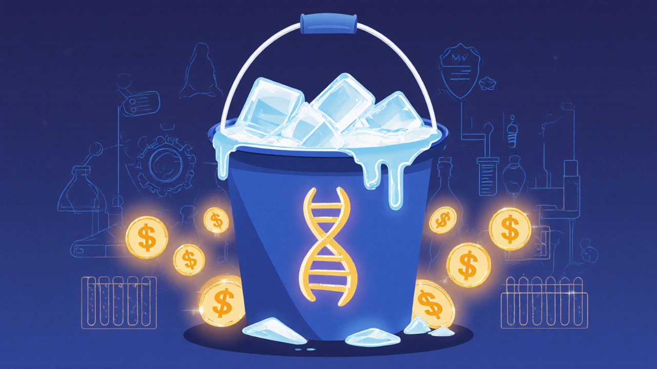 Vector art showing a melting ice bucket turning into dollar signs and DNA helix, symbolizing ALS research funding.