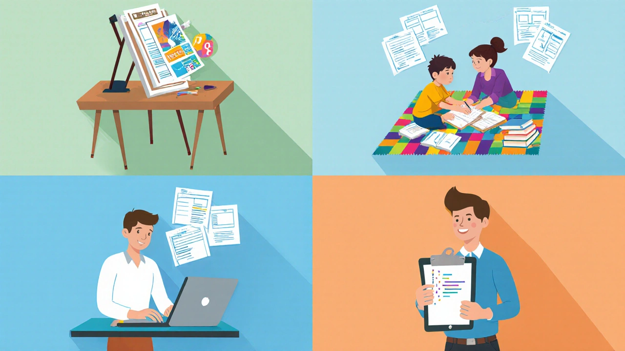 Vector illustration of four volunteer roles: designer, teacher, IT professional, and organizer.