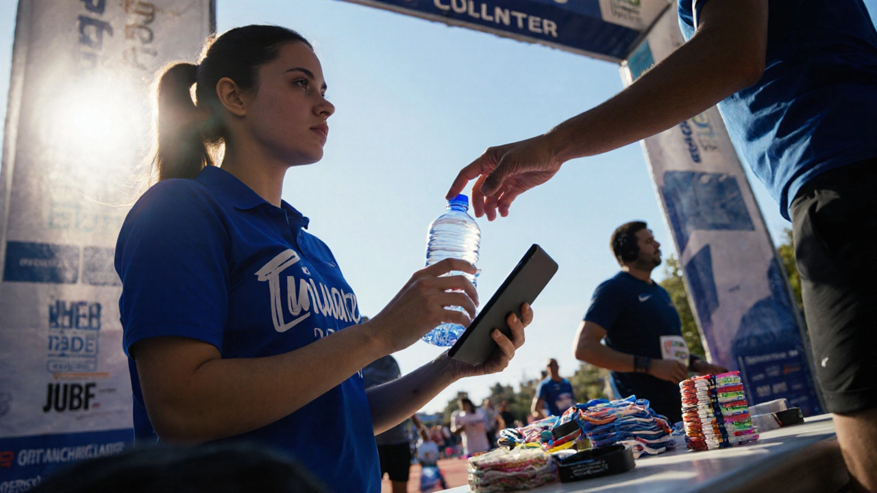 Volunteer logging hours on a tablet and handing out branded merchandise at a race finish area.