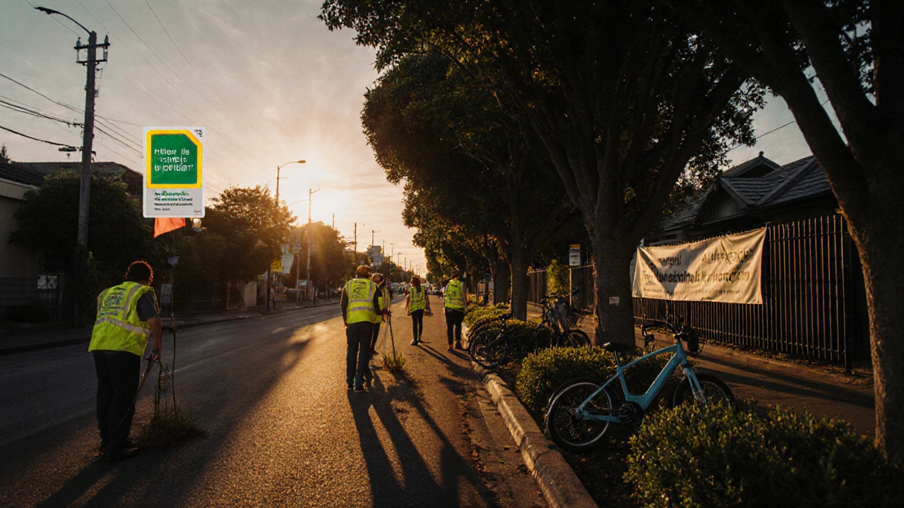 Volunteers planting shrubs on an Auckland street at sunset, with electric bikes and banners.
