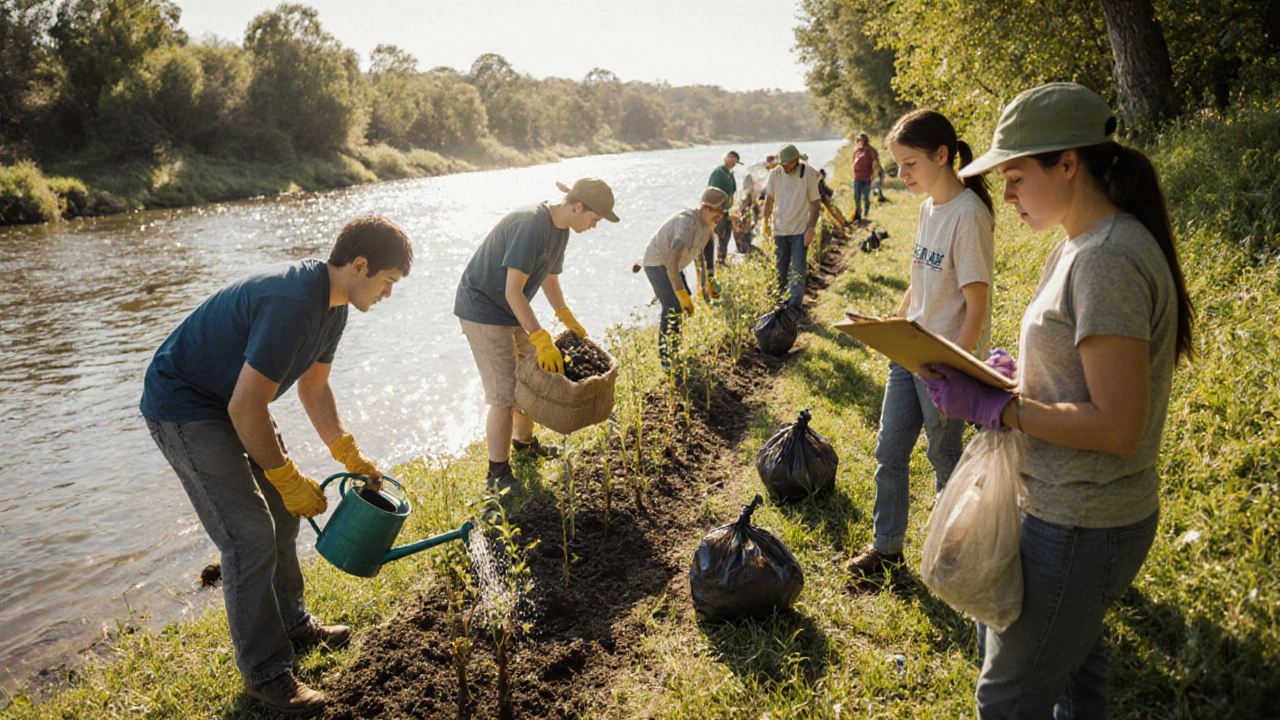 Volunteers planting trees and cleaning a riverbank during a community action day.