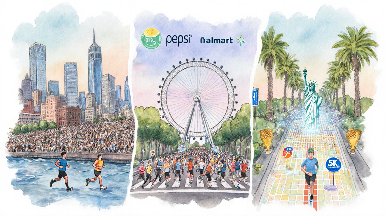 Watercolor collage of Boston, London, New York, Los Angeles and a virtual run, each showing runners and sponsor banners.