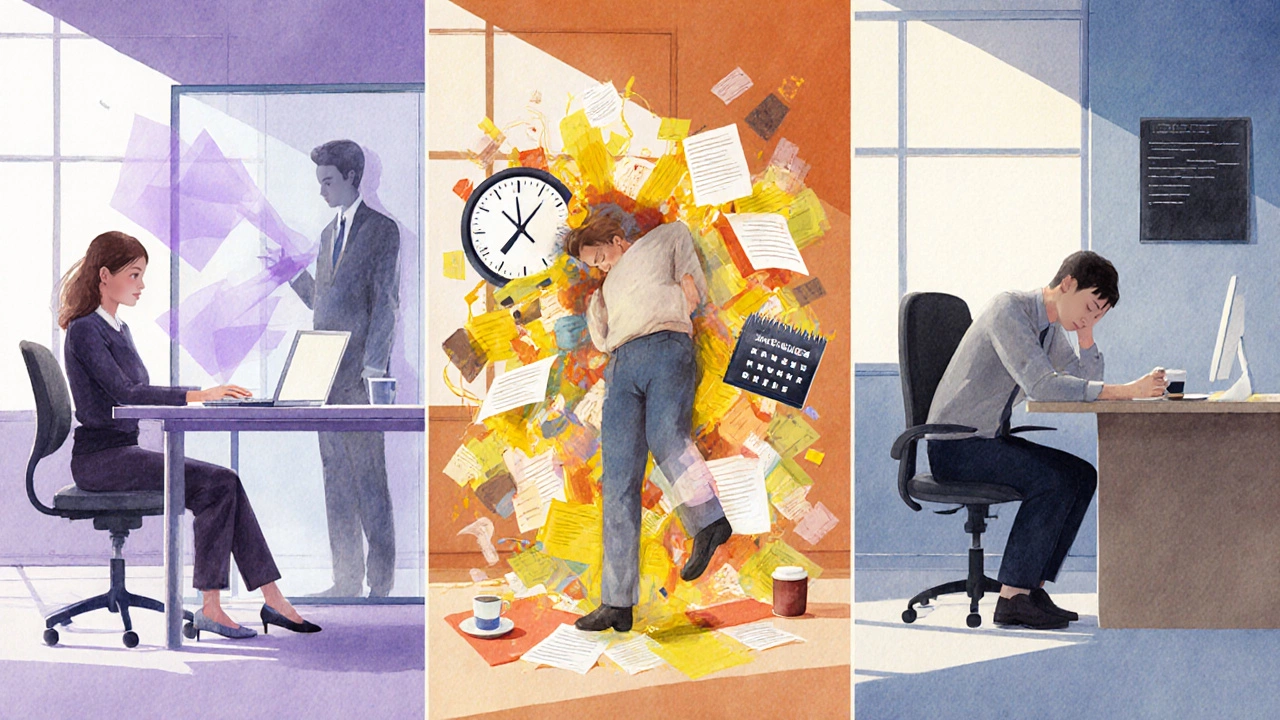 Watercolor of three workers: one with hallucinations, one in manic chaos, one slumped with depression.