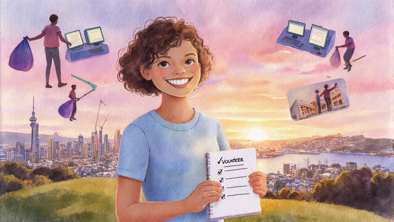 Watercolor of volunteer with journal on hill, sunset over Auckland, and activity silhouettes.